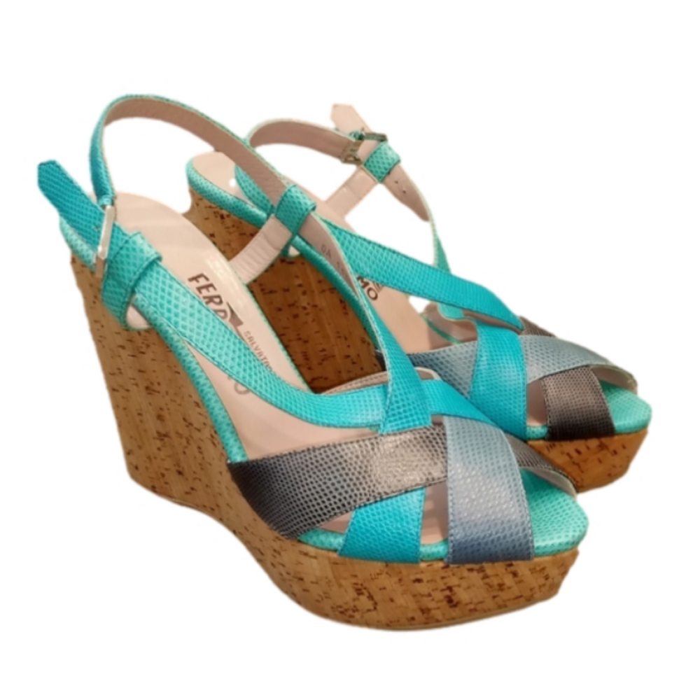 Salvatore Ferragamo Blue Wedge Platform Sandals Heels Shoes sz 8, NEW